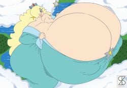 1girls ass blonde_hair blue_eyes blush breasts cleavage clouds colossal_breasts crown dress earrings female female_focus female_only hair_covering_eye hair_over_one_eye hips hyper hyper_breasts large_ass large_breasts lips mario_(series) nintendo nipple_bulge princess_rosalina super_mario_bros. superix thick_thighs thighs wand wide_hips