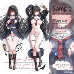 arm_cutout arms_up black_choker black_hair black_jacket black_panties black_shirt black_skirt black_socks blush breasts camellya_(wuthering_waves) censored character_censor chisa_(wuthering_waves) choker closed_mouth clothes_lift clothing_cutout collarbone commentary_request crop_top dakimakura_(medium) food hair_ribbon haku89 highres jacket long_hair long_sleeves looking_at_viewer medium_breasts merchandise_available navel neckerchief nipples no_panties novelty_censor panties pocky red_eyes red_neckerchief red_ribbon ribbon sailor_collar shirt skirt skirt_lift socks stomach tacet_mark_(wuthering_waves) thighs toes torn_clothes torn_shirt underwear unworn_panties unworn_skirt very_long_hair white_sailor_collar wuthering_waves