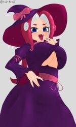 1girls alternate_version_available artist_signature blue_eyes blush brushmommy cleavage colettekoii fangs female large_breasts looking_down low-angle_view nintendo open_mouth simple_background smile solo splatoon splatoon_(series) splatoon_3 tentacle_hair witch witch_costume witch_hat