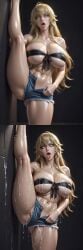 abs against_wall ahegao_face ai_generated ass_visible_through_thighs athletic blonde_hair bowtie breasts cleavage cum cum_stains daisy_dukes denim dripping_cum flexible frayed_shorts hand_on_leg huge_breasts long_hair navel original_character pulling_down_panties ribbon semen_on_body thick_thighs thighs tongue_out underboob wall white_eyes
