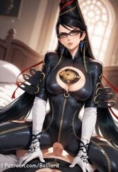 1boy 1girls ahe_gao ai_generated bayonetta bayonetta_(character) belliora big_ass big_breasts black_hair breasts closed_mouth earrings female female_focus female_on_cloth female_on_top glasses gloves hetero_sex hi_res high-angle_view huge_breasts long_hair looking_at_viewer male mole nipples no_bra one_arm_up penetration penis penis_in_pussy platinum_games sega sex spread_legs straight torn_clothes uncensored watermark witch