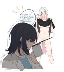 2girls after_sex artist_name bite_mark black_hair black_shirt blush breasts chou_kaguya-hime! closed_eyes clothes_lift collarbone colored_inner_hair commentary_request cropped_legs cropped_torso cum cum_on_body cumdrip cup english_commentary futa_with_female futanari heart hickey highres hinagi_(fox_priest) holding holding_cup long_hair medium_breasts medium_hair multicolored_hair multiple_girls open_mouth pink_hair purple_nails runami_yachiyo sakayori_iroha shirt shirt_lift short_sleeves smile spit_take spitting two-tone_hair very_long_hair white_background white_hair