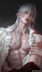 1boy abs bite_mark black_background blood blood_from_mouth blood_on_chest blood_on_face blush chinese_commentary collarbone collared_shirt commentary_request earrings fangs female_pov hair_between_eyes highres holding_another's_leg jewelry long_hair looking_at_viewer love_and_deepspace male_focus male_only muscular muscular_male nipples nose official_alternate_hairstyle open_clothes open_mouth open_shirt parted_bangs pov red_eyes shirt solo_male sylus_(love_and_deepspace) teeth upper_teeth_only vampire very_long_hair watermark weibo_username weibo_watermark white_hair white_shirt wo_zhen_de_hao_e_ya