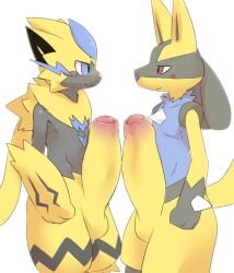 2021 3_fingers anthro anthro_on_anthro balls big_penis biped black_body black_fur black_inner_ear black_markings blue_body blue_eyes blue_fur blue_whiskers blush blush_lines canid canine cheek_tuft chest_spike closed_smile digital_drawing_(artwork) digital_media_(artwork) duo erection eye_contact facial_markings facial_tuft fangs felid feline fingers foreskin fur generation_4_pokemon generation_7_pokemon genitals glans gloves_(marking) hand_spike head_markings huge_cock humanoid_genitalia humanoid_penis hyper hyper_genitalia hyper_penis leg_markings legendary_pokemon long_penis looking_at_another lucario male male/male male_anthro mammal markings mouth_closed multicolored_body multicolored_fur multicolored_penis neck_tuft nintendo nude nude_anthro nude_male partially_retracted_foreskin penile penis penises_touching pink_glans pink_penis pointy_ears pokemon pokemon_(species) prick_ears pu_sukebe red_eyes shiny_pokemon simple_background smile spikes spikes_(anatomy) tail teeth tuft two_tone_penis whiskers white_background white_nose yellow_balls yellow_body yellow_fur yellow_penis yellow_tail zeraora