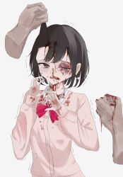 1boy absurdres bleeding blood blood_from_mouth blood_in_hair blood_on_clothes blood_on_face blood_on_hands blood_on_neck bow bowtie braid brown_eyes brown_hair bruise bruise_on_face bruised_eye buttons clenched_hand commentary_request diagonal-striped_bow diagonal-striped_bowtie diagonal-striped_clothes disembodied_hand female flinch furrowed_brow grabbing_another's_hair hair_between_eyes hairbow hands_up highres holding_another's_hair imminent_punch injury long_sleeves looking_at_viewer one_eye_closed open_mouth pink_bow pink_bowtie pink_sweater pocket project_sekai ryona school_uniform shinonome_ena short_hair sidelocks single_braid solo standing striped_bow striped_bowtie striped_clothes sugararu sweater tearing_up textless_version trembling upper_body white_bow