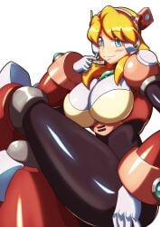 1girls alia black_bodysuit blonde_hair blue_eyes blush bodysuit kotatuman_dash long_hair mega_man mega_man_x microphone robot_girl sitting smile solo solo_female white_background white_gloves