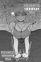 1girls @_@ artist_name bags_under_eyes bed blanket breasts breasts_squeezed_together cleavage clenched_hands commentary english_commentary english_text greyscale have_to_pee highres large_breasts long_hair messy_hair mimi_(nhim) monochrome nhim oerba_yun_fang original pajamas progress_bar sideboob skin_fang sleepy squeans tank_top tears user_interface wavy_mouth