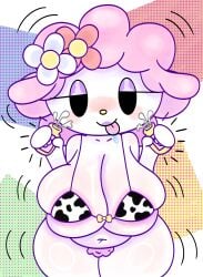 big_breasts black_eyes bush bushy_pubes cow_bikini cow_print curvy cyka♡ digital_media_(artwork) flower flower_in_hair hairy_pussy highres holding_object milk my_sweet_piano onegai_my_melody pink_nipples pink_wool saliva sanrio seductive_look sheep simple_background spilling_drink_on_self thick_thighs tongue_out white_body