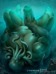 belly big_nipples big_pecs big_penis cephalopod cthulhu cthulhu_mythos green_body green_skin laying_down male_only muscular mythological_creature non-human non-human_head non-human_only octopus penis_grab tentacle touching_penis