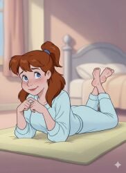 ai_generated animation barefoot bedroom blue brunette cartoon coquettish down eyes girl hair illustration in lying pajamas penis_hidden setting tie youthful