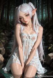 ai_generated bangs bare_shoulders between_legs blush breasts closed_mouth collarbone dress earrings elf female forest frieren_beyond_journey's_end green_eyes hand_between_legs jewelry long_hair looking_at_viewer nature nipples outdoors parted_bangs pointy_ears see-through sitting small_breasts solo twintails v_arms wading water waterfall watermark wet wet_clothes wet_dress white_dress