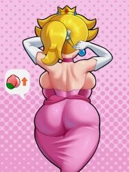 1girls 2026 alternate_breast_size ass back_view backboob bare_shoulders barely_contained barely_contained_breasts big_breasts blonde_hair breasts choker clothed clothing crown dress earrings elbow_gloves female female_only gloves headgear headwear hi_res highres huge_breasts imminent_wardrobe_malfunction large_ass large_breasts long_hair mario_(series) nintendo paper_peach ponytail princess princess_peach simple_background skindentation sleepiitreat solo solo_female thick_thighs tight_clothing tight_fit too_tight undersized_clothes undersized_clothing wide_hips