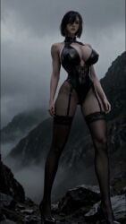 abs ai_generated beautiful bewitching_thighs black_hair cleavage full_body garter_belt high_heels huge_breasts long_legs short_hair tagme video