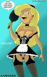 anthro avian beak bird blonde_hair blue_eyes breasts clothing dialogue ear_piercing english_text female goldie_pheasant hair karmagik long_hair maid_uniform nipples pheasant piercing pussy rock-a-doodle solo text