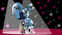 2017 absurd_res anal anal_sex anthro ass biped black_nose blue_ears blue_fur blue_nipples blue_tail chains digimon digital_media_(artwork) dipstick_ears fan_character female female_only fur haley_(nightfaux) hi_res kitt_kitten nipples penetration purple_eyes rear_view renamon simple_background snout solo white_breasts white_ears white_fur