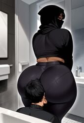 age_difference ai_generated arabian arabian_female ass ass_bigger_than_head ass_focus ass_huffing ass_worship big_ass big_butt black_leggings black_legwear black_pants bubble_butt chubby_female civitai dark-skinned_female dark_skin eating_ass face_in_ass farah_(daballsman) fat_ass female femdom hijab huffing huge_ass mature_female milf muslim muslim_female older_female rimming selfie teasing wide_hips yoga_pants younger_male