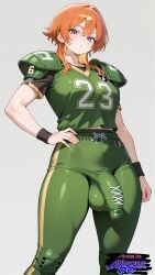 1futa ai_generated big_penis bulge_through_clothing flaccid flaccid_penis football_uniform futanari hand_on_hip large_penis penis_bulge
