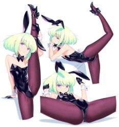 1boy 2d absurdres androgynous animal_ears ass black_bow black_bowtie black_gloves black_leotard black_shoes bob_cut bow bowtie bowtie_collar bulge bunny_ears bunnysuit burrrntlemon chinese_commentary closed_mouth clothed clothed_male color commentary_request crossdressing crossdressing_(mtf) crossdressing_male detached_collar fake_animal_ears fake_tail femboy femboy_only flexible full_color gloves green_hair high_heels highres leotard lio_fotia looking_at_viewer male male_focus male_only male_playboy_bunny multiple_images multiple_views nipple_slip nipples non-nude pantyhose parted_lips petite petite_body petite_male playboy_bunny promare pumps purple_eyes rabbit_ears rabbit_tail raised_leg shoes short_hair simple_background slim slim_male slim_waist solo solo_focus split spread_legs standing standing_on_one_leg standing_split stockings strapless_leotard tail trap white_background wrist_cuffs