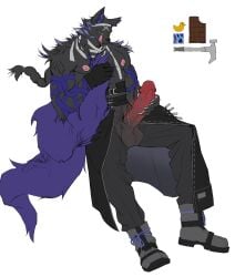 1boy abisi_(xinyue_tongxing) abs absurdres animal_ears bandages bara black_gloves boots braid chinese_commentary chocolate claws commentary_request condom erection furry furry_male gloves grey_boots hammer hand_on_own_penis highres licking_lips looking_down male_focus muscular muscular_male nipples open_pants pants pectorals penis rubber_duck scar scar_across_eye scar_on_face tail testicles tongue tongue_out white_background wolf_boy wolf_ears wolf_tail wuhure xinyue_tongxing