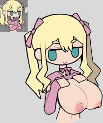 1girls angelina_(iiiichimaru_03) blonde_hair blue_eyes breasts choker female female_only flashing flashing_breasts grey_background huge_breasts long_hair mv_character navel nipples pink_choker pink_ribbon pink_shirt ribbon_choker ryuukou_angelina_(vocaloid) shirt_lift simple_background smile solo swoiffer2 twintails vocaloid