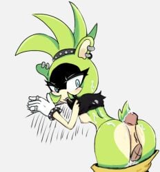 clenched_teeth clothed cum cum_in_pants cum_in_partner's_clothing cum_on_ass cum_on_body cum_on_face cum_on_hair disembodied_penis embarrassed furry green_fur holding_shirt_with_mouth hot_dogging pierced_nipples surge_the_tenrec