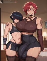 1futa 1futanari 2026 ai_generated bedroom big_breasts big_bulge bulge futa_on_femboy futanari hug huge_ass huge_breasts hugging indoors league_of_legends lips looking_at_another narrow_waist seductive seductive_look shadyfox skirt sleeves small_penis thick_thighs thighhighs vi_(league_of_legends) wide_hips