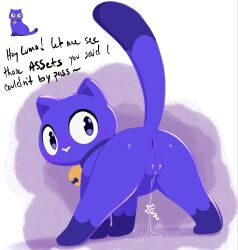 anus ass bell bell_collar blush bodily_fluids collar dialogue domestic_cat dripping dripping_vulva felid feline felis female feral genital_fluids genitals hi_res lumo_(proton) mammal precum precum_drip presenting presenting_vulva purple_body purple_eyes raised_tail shaded simple_background solo spread_legs spreading squigglydraws tail vulva watermark white_background