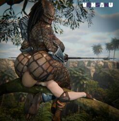 1boy 1girls clothed clothed_male facesitting female female_yautja fishnets functionally_nude functionally_nude_female male nude nude_female nudity outdoor_nudity outdoors predator_(franchise) public vensaku yautja