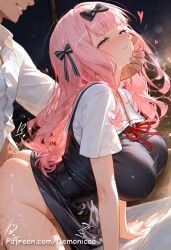 1boy 1girls ai_generated anime ass big_ass big_breasts blue_eyes blush breasts cleavage closed_mouth demonicaa doggy_style female female_on_cloth fujiwara_chika hip_grab kaguya-sama_wa_kokurasetai_~tensai-tachi_no_renai_zunousen~ large_breasts male middle_breast open_eyes penis penis_in_pussy pink_hair pussy reverse_cowgirl_position riding sex straight_sex uncensored vagina vaginal_penetration vaginal_sex window