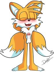 balls barefoot blush embarrassed erection foxkai fur furry happy male_only multiple_tails nude orange_fur penis precum sega smile sonic_(series) tails white_background