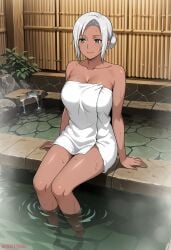 1girls ai_generated ass ass_focus ass_support bare_ass bare_thighs big_ass big_breasts breasts brown_skin bubble_ass bubble_butt bubbleteexl closed_eyes dark_skin female female_only hair_bun horny hot_spring huge_ass leaning_forward looking_at_viewer mabui mature mature_female naked_towel naruto naruto_(series) naruto_shippuden night onsen outdoors round_ass shiny shiny_hair shiny_skin sitting solo solo_focus steam steaming_body sweat teal_eyes thick_thighs thighs tied_hair towel towel_only voluptuous water watermark white_hair