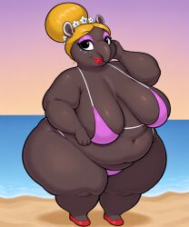 ai_generated animal_crossing animal_ears anthro bbw beach big_belly bikini chubby_arms chubby_female cleavage curvy dark_skin dress eyeshadow female furry hair_bun huge_breasts lips luna_(animal_crossing) makeup nintendo overweight pink_bikini plump red_lips red_lipstick sagging_breasts shortstack solo ssbbw tapir tapir_girl tiara trunk trunk_(anatomy) yellow_hair yeta2