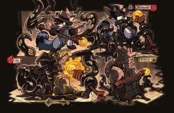 ambiguous_gender anthro bound clothing gag gagged hat headgear headwear hi_res inanimate_transformation kurousagi_kemo lifted petrification slime solo staff status_effect tentacle transformation wizard_hat