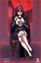 crossed_legs deadbait17 futanari maeve_(althaean) mole_on_breast nun nun_outfit red_hair sitting_on_chair tagme teacup turquoise_eyes