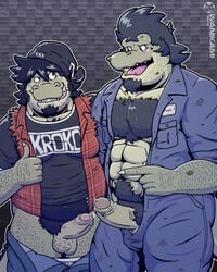 2boys abs anthro balls ballsack beard_stubble beefy black_hair body_hair cartoony clothing crocodile duo erection facial_hair father_and_son foreskin foreskin_folds furry gay goatee humanoid_penis incest intact male male/male male_only male_pubic_hair multiple_males muscles muscular_male no_humans open_pants partially_retracted_foreskin pecs penis penis_out precum precum_drip reptile scalie scrotum sideburns testicles thumbs_up uncut veiny_penis wanikami yaoi