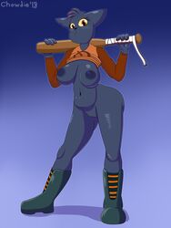 1girls 2018 anthro anthrofied areola ass baseball_bat big_butt breasts cat cat_ears chowdie clothing digital_media_(artwork) eyeshadow feline female female_only fur furry leaning leaning_forward looking_at_viewer mae_(nitw) makeup mammal night_in_the_woods pussy red_eyes shirt simple_background smile solo solo_focus