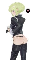 1boy androgynous arched_back ass ass_focus bedroom_eyes black_panties blush bob_cut embarrassed femboy femboy_only half-closed_eyes heart lio_fotia looking_at_viewer panties petite petite_body petite_male promare short_hair slim slim_male slim_waist solo twink