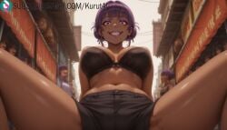 1girls ai_generated artist_name artist_signature black_bra bra breasts from_below grin hi_res high_resolution highres jidou_hanbaiki_ni_umarekawatta_ore_wa_meikyuu_wo_samayou jidouhanbaiki_ni_umarekawatta_ore_wa_meikyuu_wo_samayou kurutai large_breasts looking_at_viewer merchant_(jidou_hanbaiki_ni_umarekawatta_ore_wa_meikyuu_wo_samayou) multiple_girls navel pov purple_hair reborn_as_a_vending_machine,_i_now_wander_the_dungeon short_shorts shorts smile solo_focus subscribestar subscribestar_username teeth uncensored underwear