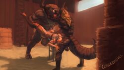 absurd_res anal anal_sex anthro antlers arm_scar artcondedaniel balls barn big_balls blonde_hair bodily_fluids bondage bound bovid bovine breeding_mount broken_belt brown_body brown_hair claws closed_eyes colored_nails deep_throat deer digitigrade dripping european_mythology facial_scar fastener fellatio fingernails fingers genitals greek_mythology group hair hay hi_res holding_horn holding_leg holding_thigh hooves horn hyena kissing ladder leg_scar making_out male male/male mammal minotaur muscular muscular_anthro muscular_male mythology nails navel neck_bulge nipples oral oral_penetration penetration penile saliva saliva_drip saliva_on_balls saliva_on_chest saliva_on_ground saliva_on_tongue saliva_puddle saliva_string scar sex size_difference spitroast stable stomach_bulge striped_body striped_hyena stripes trio