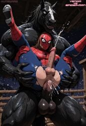 ai_assisted ai_generated anal_sex anthro_on_human ejaculation full_nelson horse horsecock hungward marvel spider-man torn_clothes venom_(marvel)