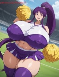 1girls ai ai_generated big_ass big_breasts breasts cheerleader cheerleader_outfit cheerleader_uniform crop_top dratvan_(style) eiken erect_nipples football_field high_ponytail huge_ass huge_breasts hyper_breasts kirika_misono long_hair long_sidelocks midriff open_mouth outdoors patreon patreon_username poms ponytail purple_eyes purple_hair reenka25 sidelocks smile thick thick_ass thick_thighs very_long_hair