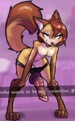 anthro areola bodily_fluids brown_hair canid canine countershading dildo dipstick_tail dominant dominant_female eyebrow_piercing facial_piercing female fox front_view genital_fluids genitals green_eyes hair hands_on_knees hands_on_legs hi_res holidays leaning leaning_forward looking_at_viewer mammal markings murrdusa navel navel_piercing piercing pink_areola pink_vulva sex_toy smile snapchat solo standing strapon tail tail_markings vaginal_fluids valentine's_day vulva