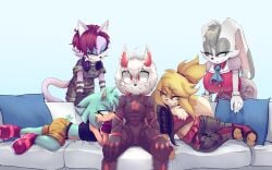 1boy 2025 2d 4girls 4girls1boy anthro anthro_on_anthro arm_sleeves big_breasts black_gloves black_jacket black_shirt black_shorts blue_ascot blue_eyeshadow body_armor bodysuit breasts burgundy_vest cat_ears cat_tail chest_tuft commission couch couch_meme dabbit dabbit_ears digital_drawing_(artwork) digital_media_(artwork) ear_tuft emblem eyelashes face_markings feline female female_anthro fox fox_ears fox_tail geekayfm gloves grey_eyes grey_hair grin grinning headband headphones headphones_around_neck hi_res horns kitsune lavender_dress lux_the_porcupine magenta_hair male male_anthro meme meme_reference mobian_(species) mobian_cat mobian_dabbit mobian_fox mobian_porcupine mobian_rabbit multicolored_body multicolored_fur nes_panda nes_pandansfw nezumi_the_dabbit pink pink_eyes pink_gloves pink_shoes ponytail porcupine porcupine_ears purple_fur rabbit rabbit_ears rabbit_tail red_eyes red_gloves red_highlights red_horns red_shirt red_shoes sega simple_background smirk smirking smug sonic_(series) sonic_the_hedgehog_(series) sundae_the_rabbit tail tan_shorts teal_fur teal_hair torn_pants unstable_the_hellfox virtual_youtuber vtuber white_fur white_hair yellow_eyes yellow_fur