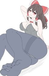 :3 arm_behind_head armpit ass_visible_through_thighs black_leotard black_pantyhose blush bunny_girl bunny_suit feet foot_focus hakurei_reimu huge_ass kiui_(dagk8254) large_breasts leotard pantyhose seductive sitting smug soles toes touhou