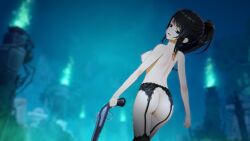 1girls 3d 3d_model brown_eyes brown_hair danganronpa:_grand_lie evil_grin evil_smile fanganronpa female female_only garter_belt garter_straps gun koikatsu koikatsu_(medium) la_praluline looking_at_viewer looking_back ponytail shotgun smirk