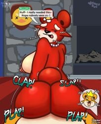 absurd_res anthro ass bear big_breasts breasts duo female flower_(accessory) fur hi_res honeybud huge_breasts jewelry male male/female mammal motion_lines necklace nude onomatopoeia pixile_studios public public_sex red_body red_fur rosetta_(honeybud) sex sound_effects stone_wall super_animal_royale super_animal_yiff super_bear tail text twinkie_(honeybud) wall_(structure) yellow_body yellow_fur