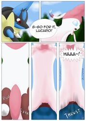 arti4000 comic dialogue eeveelution female lucario male mega_evolution mega_lucario moan nintendo penis pokemon pokemon_(species) pokephilia pussy sex sylveon vaginal_penetration video_games