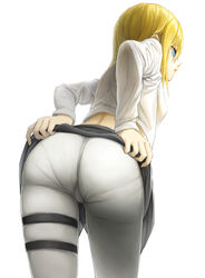 1girls ass attack_on_titan black_skirt blonde_hair blue_eyes cameltoe christa_lenz dat_ass female female_only historia_reiss panties pantylines shingeki_no_kyojin solo tight_pants upskirt