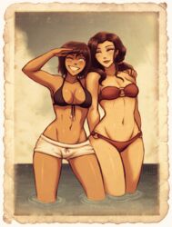 2girls asami_sato avatar_legends bikini blue_eyes blush brown_hair canon_couple chocolate_and_vanilla cleavage clothing dark-skinned_female dark_skin female female_only hourglass_figure human interracial k-y-h-u korra light-skinned_female long_hair medium_breasts multiple_girls navel pale_skin partially_submerged short_hair shorts smile standing swimsuit swimwear the_avatar the_legend_of_korra water_tribe wholesome wink yuri