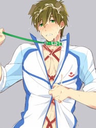 1boy animal_ears blush bondage bondage_under_clothes brown_hair collar cum cum_on_hair dog_ears facial free! funikurikurara green_eyes hidden_bondage kemonomimi_mode leash male male_only malesub rope rope_harness shibari_under_clothes solo tachibana_makoto